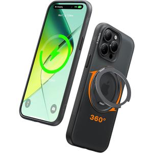 TORRAS 360 Magnetic Stand for iPhone 15 Pro Max Case [Compatible with MagSafe][Military-Grade Protection] Slim, Rotatable Kickstand, Translucent Obsidian Black 6.7", Ostand OFitness Series