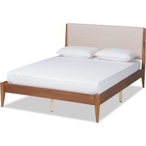 Baxton Studio Lenora Mid-Century Modern Beige Fabric Upholstered and Walnut Brown Finished Wood King Size Platform Bed