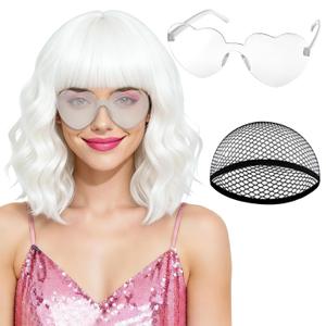 PLULON White Curly Bob Wig Heart Sunglasses for Women, Colored Wavy Wigs with Bangs Funny Synthetic Hair with Hair Cap Fashion Accessories for Bachelorette Christmas Party Cosplay Halloween Costume