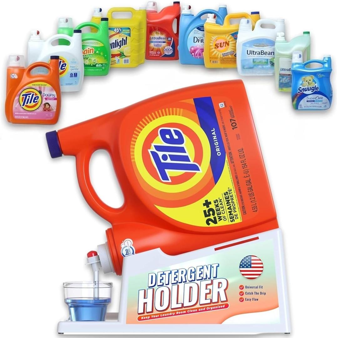 TidyFriend Liquid Laundry Detergent Holder Stand with Drip Tray & Rubber-Grip Feet, Stand for Laundry Room Organization and Storage, Fabric Softener Dispenser with Cup Holder for Easy Pouring (White)