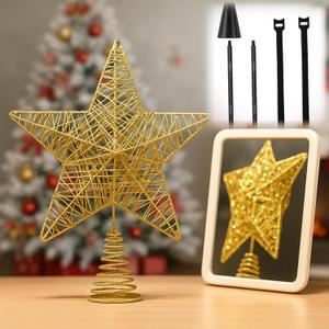 Gold Christmas Tree Star Topper with Tree Topper Stabilizer Holder - 10'' Large Glitter Star for Christmas Treetop, Twinkle Xmas Ornament for Outdoor Indoor Real Artificial Tree Decor