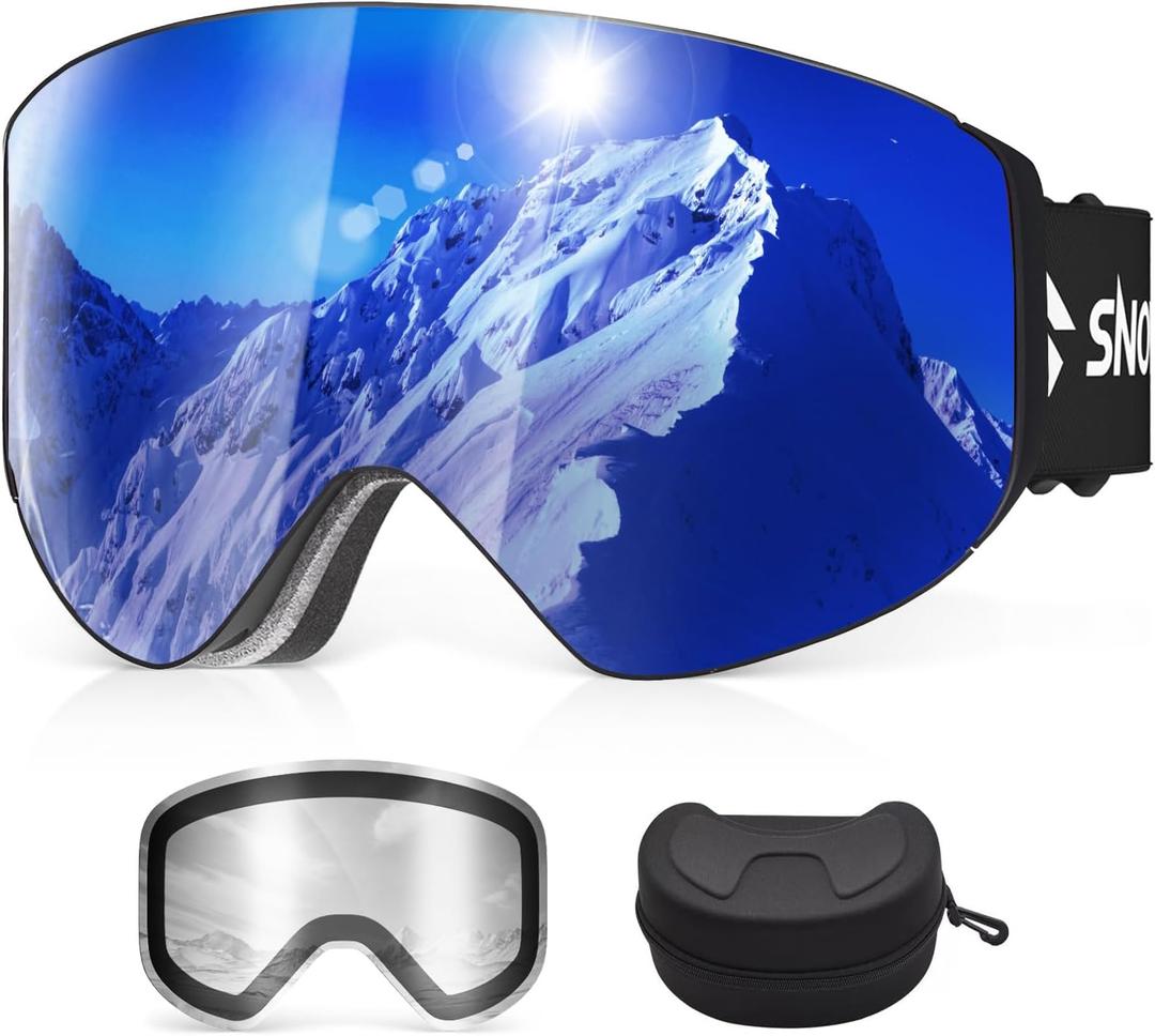 Snowalva Ski Goggles, Snowboard Goggles with 2 UV400 Anti-Fog Detachable Magnet Lenses for Men & Women Adult (Ver.2 Blue(vlt 16.3%) + Clear (Vlt 83.5%))