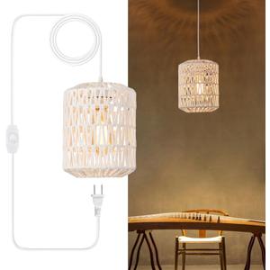 Plug in Pendant Light, Rattan Hanging Lights with Plug in Cord 15ft Dimmable Cord, Hand Woven Wicker Lampshade Hanging Lamp, Boho Plug in Hanging Ceiling Light Fixture for Farmhouse Bedroom White