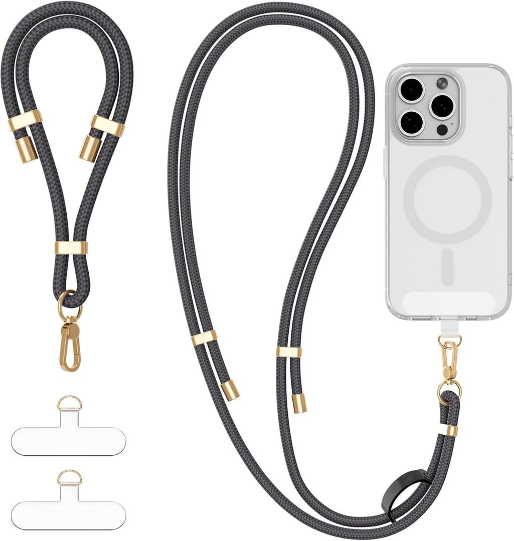 4-IN-1 Phone Lanyard + Wrist Strap Kit with 2 Pack Tabs, Universal Adjustable Phone Strap Crossbody, Anti-Theft Neck Lanyard for iPhone 17 Pro Max and Most Smartphones, Charcoal