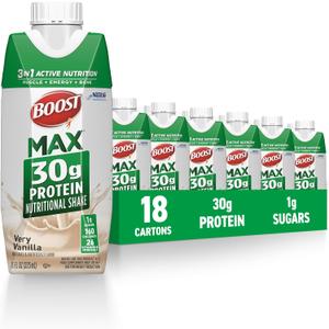 BOOST MAX Protein Shakes Ready to Drink - 30g High Protein Shake - Vanilla | Nutritional Drinks to Support Muscle Recovery After Exercise, 26 Vitamins & Minerals, 1g Sugar, 11 fl oz (Pack of 18) (EXP 03/25/26)