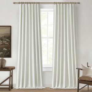 Beige White 100 Inch Bedroom Curtains Blackout, Country Cottage Core Thick Linen Pleat Window Drapes for Nursery Kids Room Thermal Room Darkening Winter Curtains to Keep Cold Out 40"Wx100"L 2 Panels
