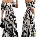 Women's Boho Off The Shoulder Short Sleeve Maxi Dresses Casual Summer Tiered Ruffle Swing Cut Out Flowy Dress (Beige, L)