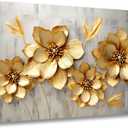 GLOKAKA Gold Metallic Flowers Print Wall Art Elegant Floral Flower Canvas on Grey Background Painting Picture Artwork for Living Room Bedroom Bathroom Decor (Gold Metallic Flowers, 24"x16")