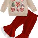 Toddler Girl Christmas Outfit Santa/Christmas Tree Sweatshirt+Velvet Bell-Bottoms Clothes (12-18 Months, Bow-red)