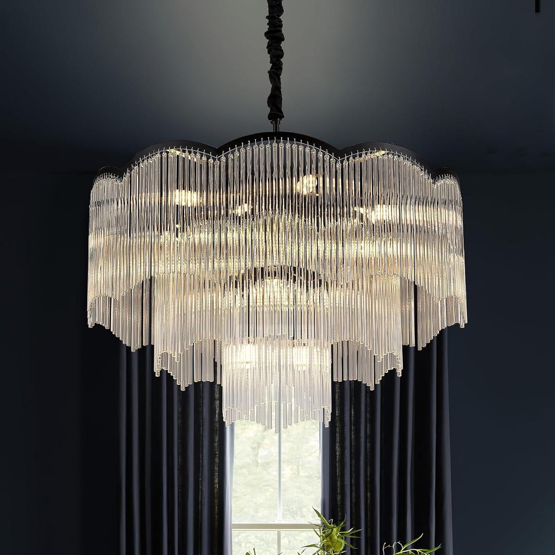 27.75" Black Clear Glass Crystal Chandelier 14-Light Modern Crystal Pendant Ceiling Light Fixture 4-Tier Luxury Glass Chandeliers,for Dining Room Kitchen Island Living Room Bedroom