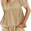Tankaneo Womens 2 Piece Outfits Summer Square Neck Short Puff Sleeve Babydoll Tops and Shorts Matching Set (Beige, M)