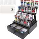 Wooden 4-Tier Trading Card Display Case, Sports Card Display stand with Custom Drawer, Card Supporters & Dividers For Graded Card Display Collection Storage