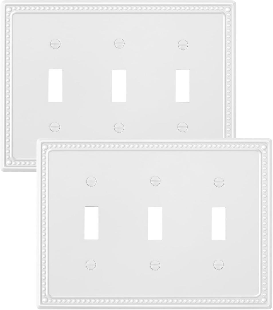 2-Pack Triple Toggle Light Switch Cover Plate, Pearls Decorative Switch Plate Covers, Pure White 3 Gang Metal Wall Plate, Corrosion Resistant