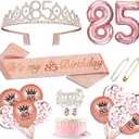 Hysilla 85th Birthday Sash and Tiara for Women - Rose Gold Set With Sash, Crown, Cake Topper, Balloons, Pin and Candle