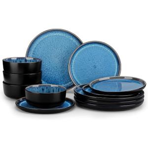 Vancasso PLAYA Plates and Bowls Sets, 12 Pieces Blue Dinnerware Sets for Kitchen, Reactive Glaze Dishes Set for 4, Dishwasher and Microwave Safe