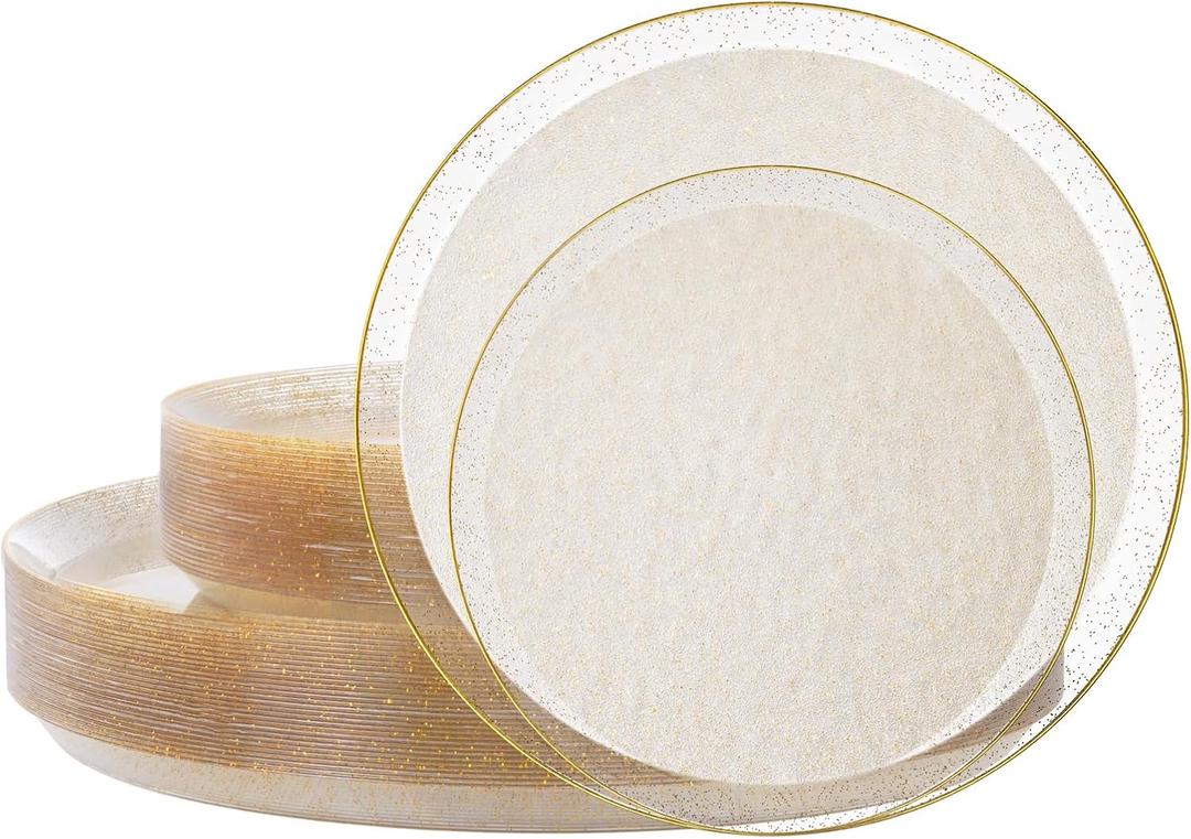 DaYammi 60PCS Gold Plastic Plates- Gold Disposable Platos,gold Party plate Include:30 Glitter plastic Dinner plates 30 Dessert Plate for Party,Plastic Plates for Party & Wedding