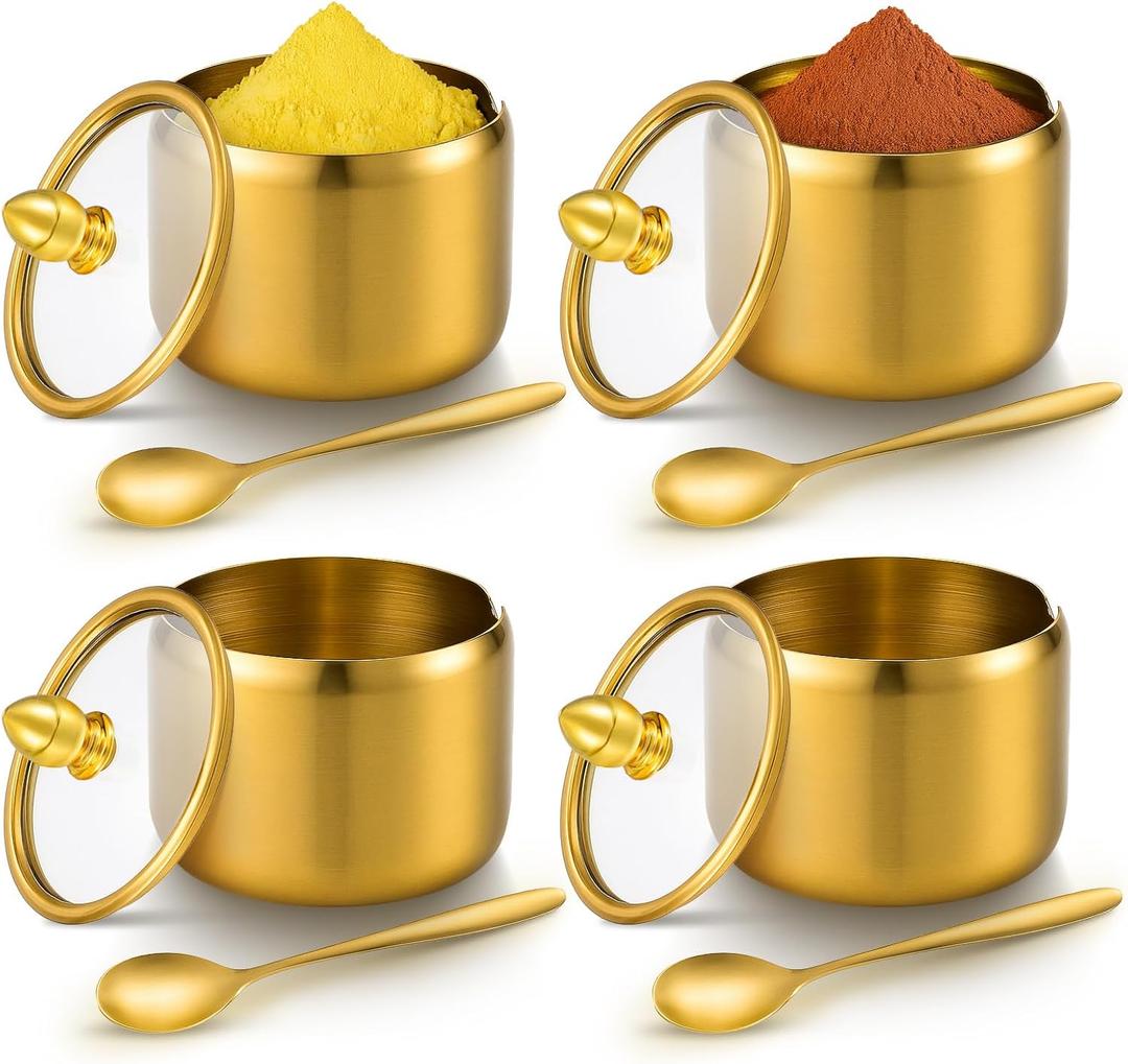Sibba 4 Pack 10oz Gold Sugar Bowl with Lid And Spoon, Gold Sugar Container Stainless Steel Sugars Creamer Container Durable Round Jar for Coffee Bar Kitchen Accessories for Sugars Salt Coffee Bean