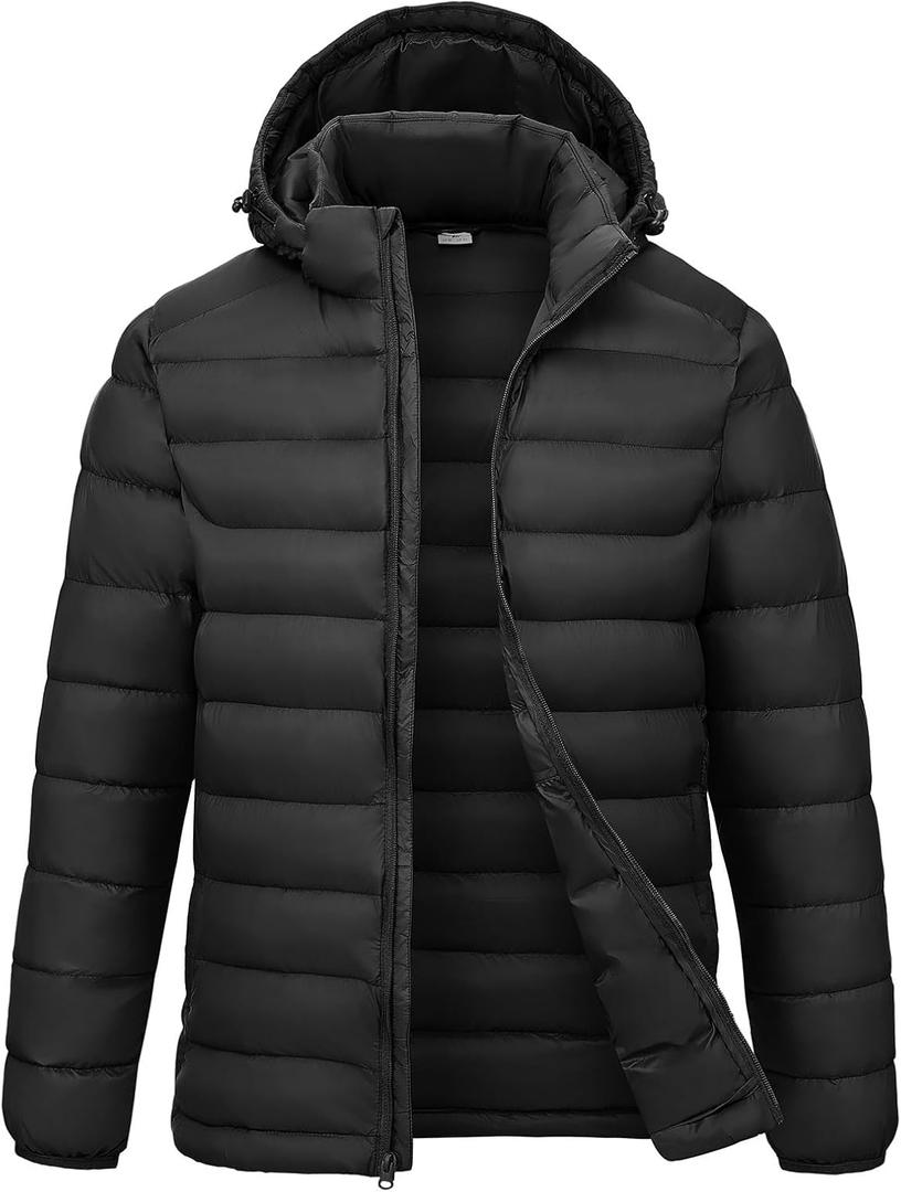 Rdruko Men's Puffer Jacket with Detachable Hood Lightweight Water Resistant Insulated Winter Puffy Coat (Black, Small)