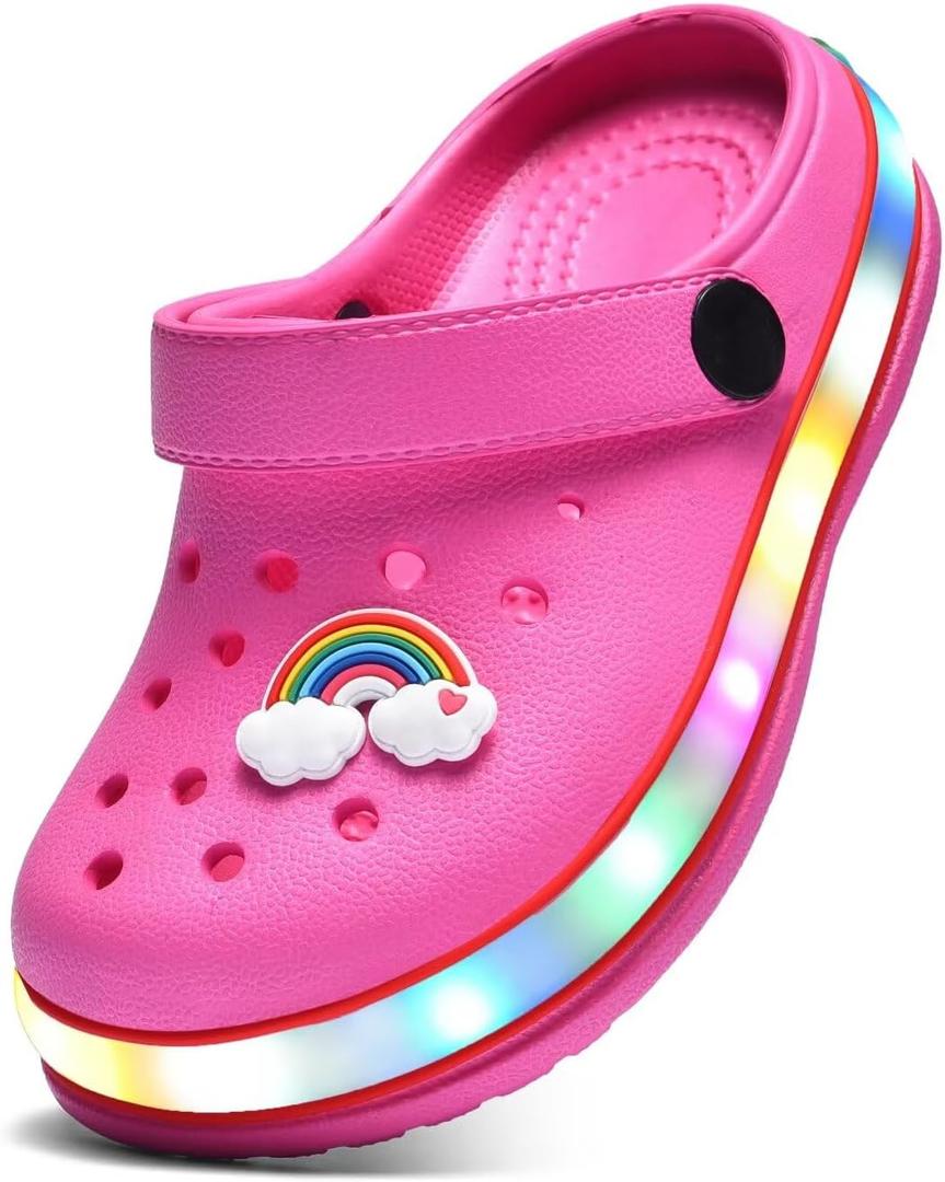 XPKWS Toddler Kids Clogs Boys Girls LED Garden Shoes Light up Sandals Slip on Quick Dry Beach Slippers (10.5 Toddler, Pink)