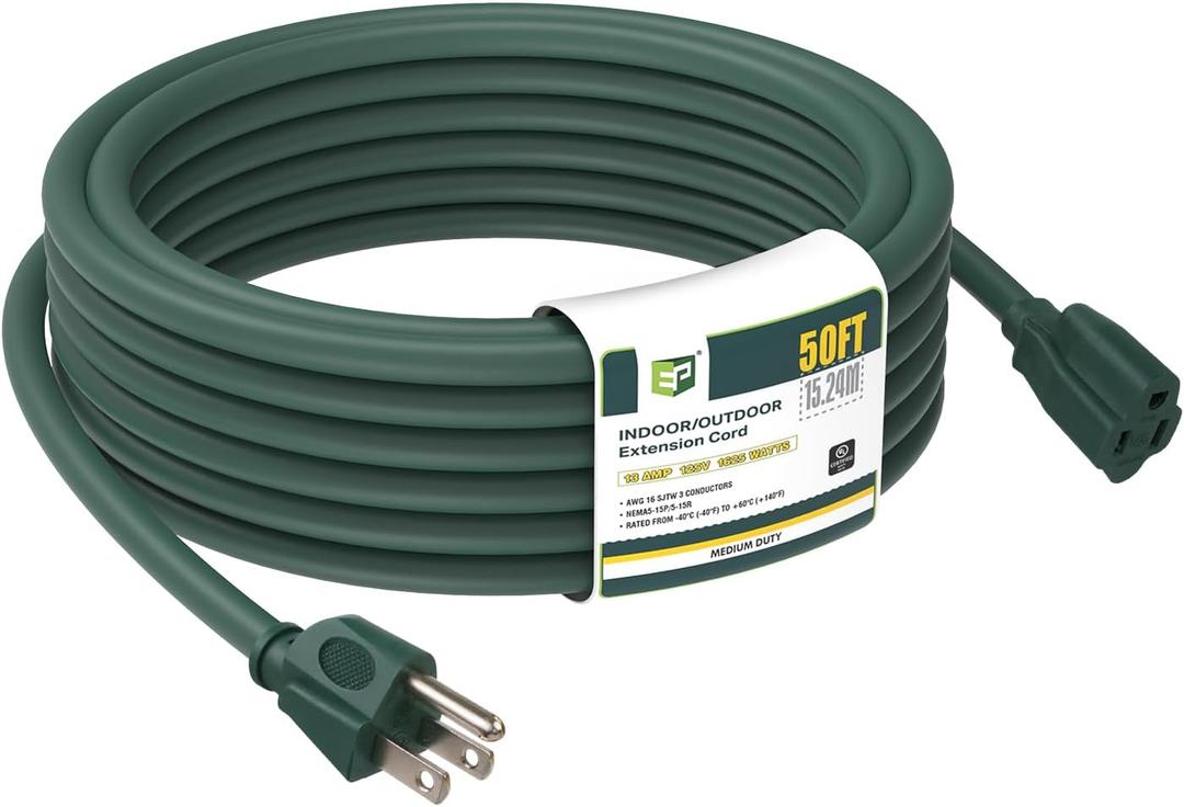EP 50FT Green Outdoor Extension Cord, 16/3 SJTW Heavy Duty Waterproof, 3 Prong Grounded Plug, 13A 1625W 16AWG, Cold-Resistant Flexible Power Cable for Garden, Home, Christmas Lights, UL Listed