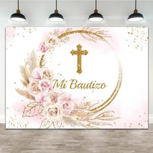 Lofaris Mi Bautizo Backdrop God Bless Ceremony Boho Floral Pampas Grass Gold Ring First Holy Communion Golden Glitter Baptism Photography Background Party Decoration Banner Photo Booth Prop 7x5ft