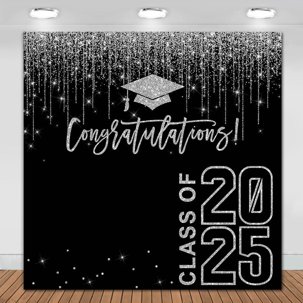Class of 2025 Graduation Backdrop 10x10ft Black and Silver Congratulations Graduates Background Party Decorations 2025 Congrats Grad Banner Photo Booth Props