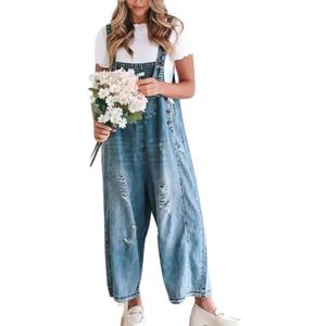chouyatou Women Loose Adjustable Strap Denim Bib Overall Jeans Distressed Wide Leg Baggy Overalls Jumpsuit (Medium, Blue)