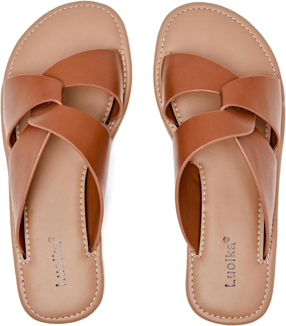 Luoika Women's Wide Width Flat Slides Sandals, Strapy Slide Sandal Slip on Dressy Summer Shoes for Women. (11.5 X-Wide, Tan 901)