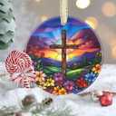 Cross Christmas Ornament, 3.5 Inch Ceramic Nativity Ornament, Christmas Tree Ornaments, Christian Gifts, Religious Gifts, Gifts for Christmas, Perfect for Holiday Party, Tree, Window (Cross Spring Flower)