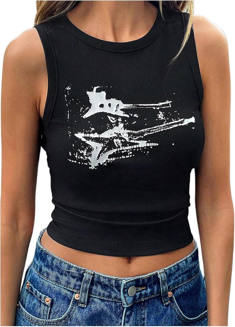Women's Gothic Ribbed Tank Tops Y2K Graphic Crewneck Sleeveless Tight Shirts (Black, L)