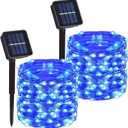2 Pack Total 200 LED 66FT Solar Powered Copper Wire String Lights Outdoor, Waterproof, 8 Modes Fairy Lights for Garden, Patio, Party, Yard, Christmas (Blue)