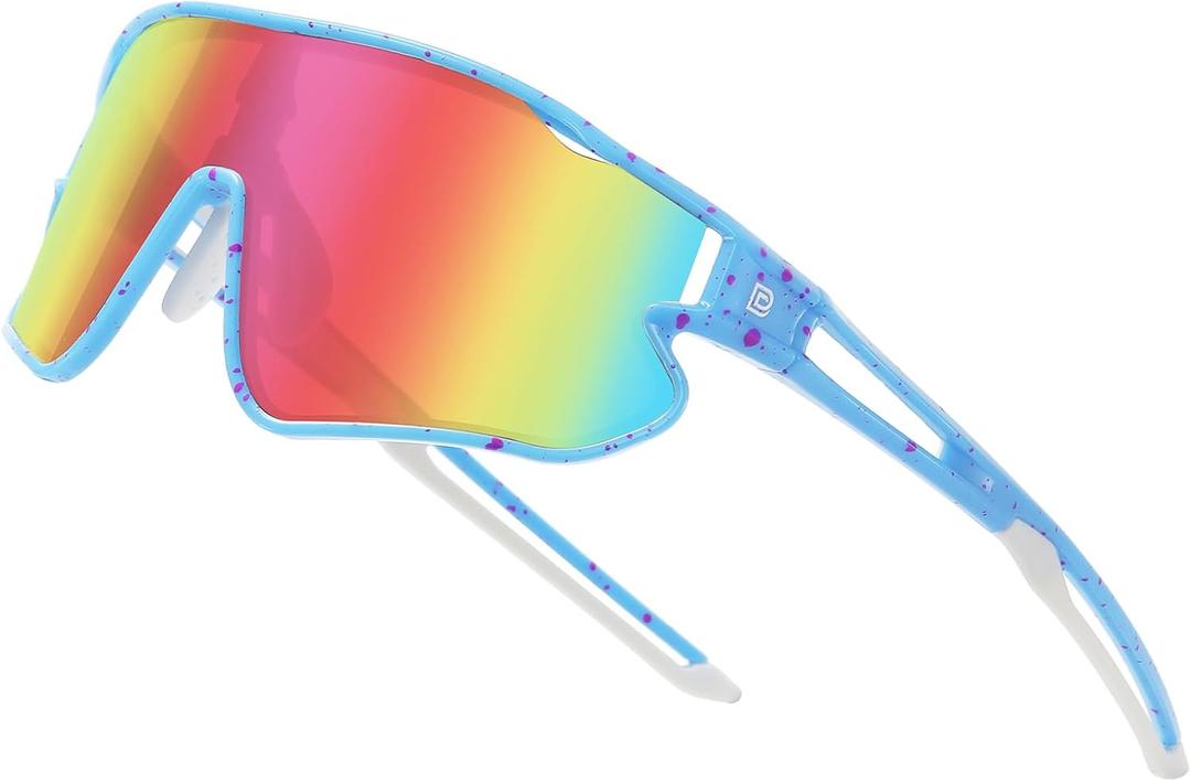 DUCO Kids Sunglasses Youth Baseball Sun Glasses Lightweight TR90 Frame UV400 Sports Cycling Shades for Boys Girls DK268 (Light Blue Purple Dot Frame Purple Lens)