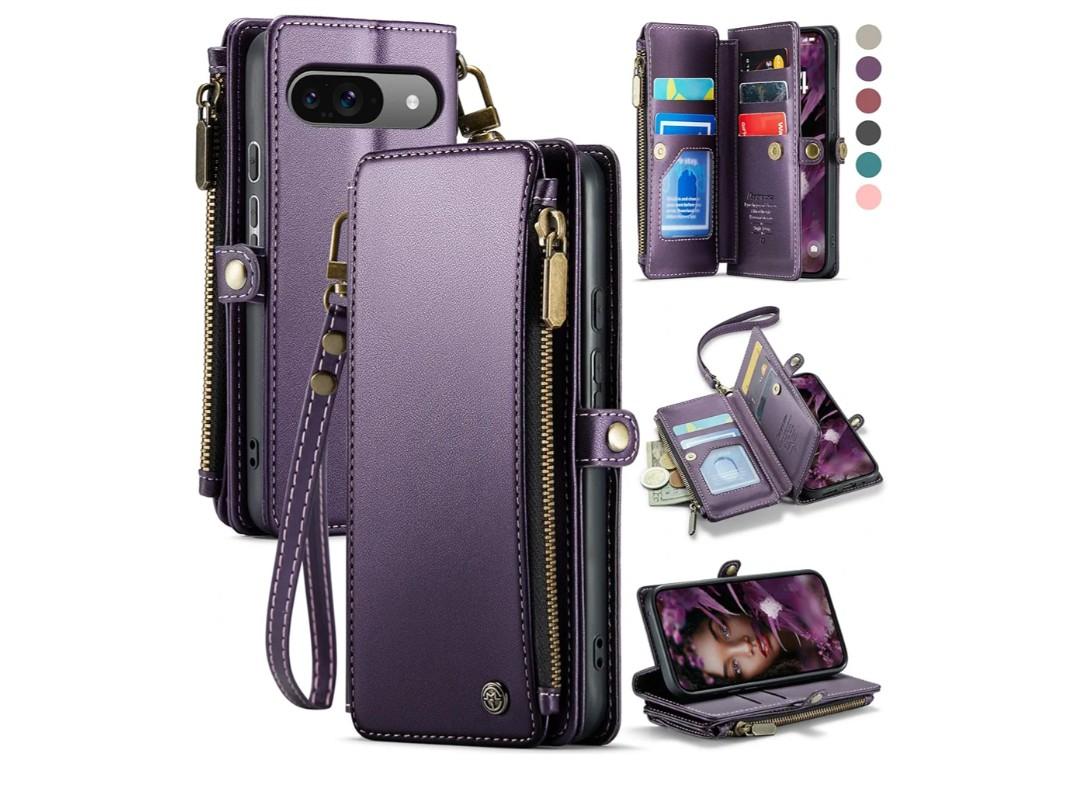 Defencase Compatible with Pixel 9/Pro Case, RFID Blocking Wallet Case Fit for Google Pixel 9 & 9 Pro Soft PU Leather Magnetic Snap Flip Zipper Strap Card Holder Phone Case for Women Men, Purple