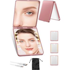 Compact Mirror, Rechargeable 30X Magnifying Mirror with 3 Lighting Modes & Dimmable Brightness, Portable Travel Makeup Mirror with Light, Essentials for Travel, Pocket, Purse, Gifts for Women Rose