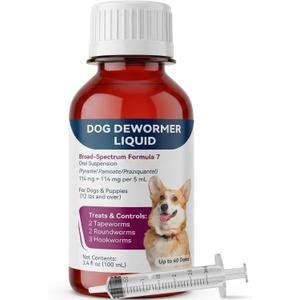 Liquid Dog Dewormer for Dogs & Puppies, Formula 7 Pyrantel Pamoate and Praziquantel, Removes Tapeworm, Roundworm & Hookworm, Broad Spectrum with 3ml Dosing Syringe (100ml)