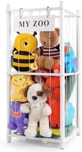 GLDZI Stuffed Animal Storage Zoo, Wooden Stuffed Animal Organizer with Elastic Cords for Boys Girls, Space Saving Toy Plushies Storage Holder for Playroom, Bedroom, Living Room (White, Small)