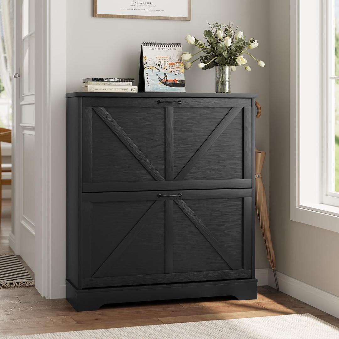 Smart FENDEE Shoe Cabinet, Shoe Storage Cabinet for Entryway with 2 Flip Drawers, Narrow Farmhouse Shoe Organizer Cabinet, Slim Shoe Rack Cabinet, 31.5in Black