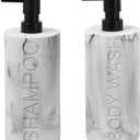 Marble Resin 2 Piece Shampoo and Body Wash Dispenser Set, Luxurious Refillable Pump Bottles with Matte Pump Top and Embossed Text, Durable Design for Bathroom and Shower