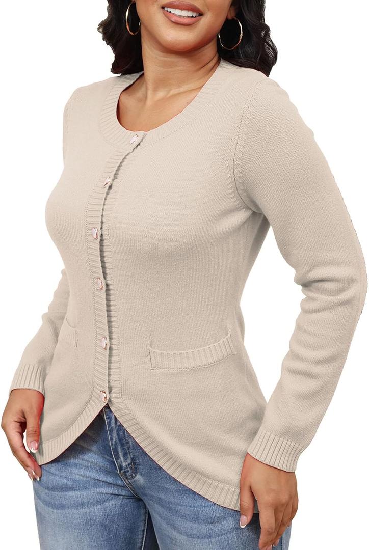 Fall Cardigan Sweaters for Women Button Down Long Sleeve Open Front Ribbed Trim Elegant Winter Knit Fitted Outwear (Beige, XL)