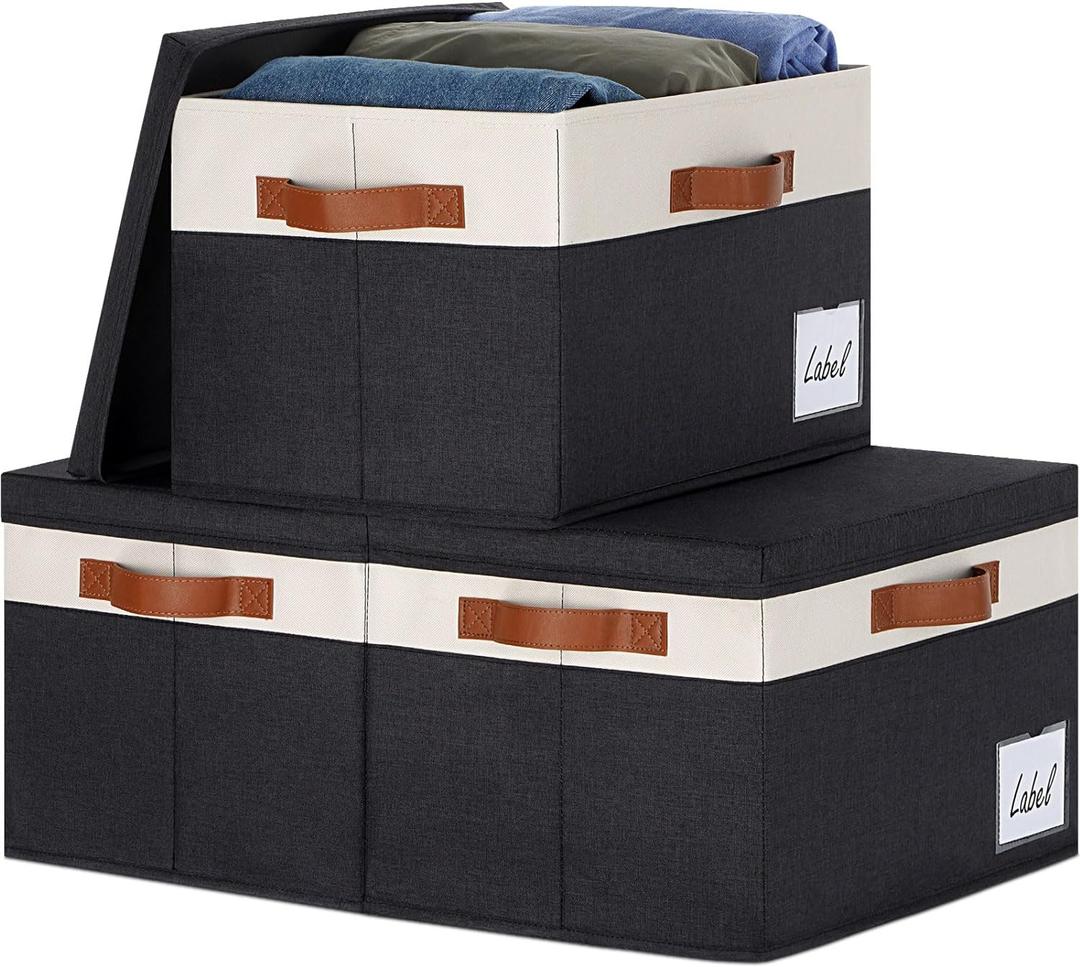 GhvyenntteS Large Storage Bins with Lids (3 Pack), Storage Baskets with Lid and Label Window, Foldable Fabric Storage Boxes with 3 Handles for Home Office College Dorms (Black, 15" x 11" x 9.7")