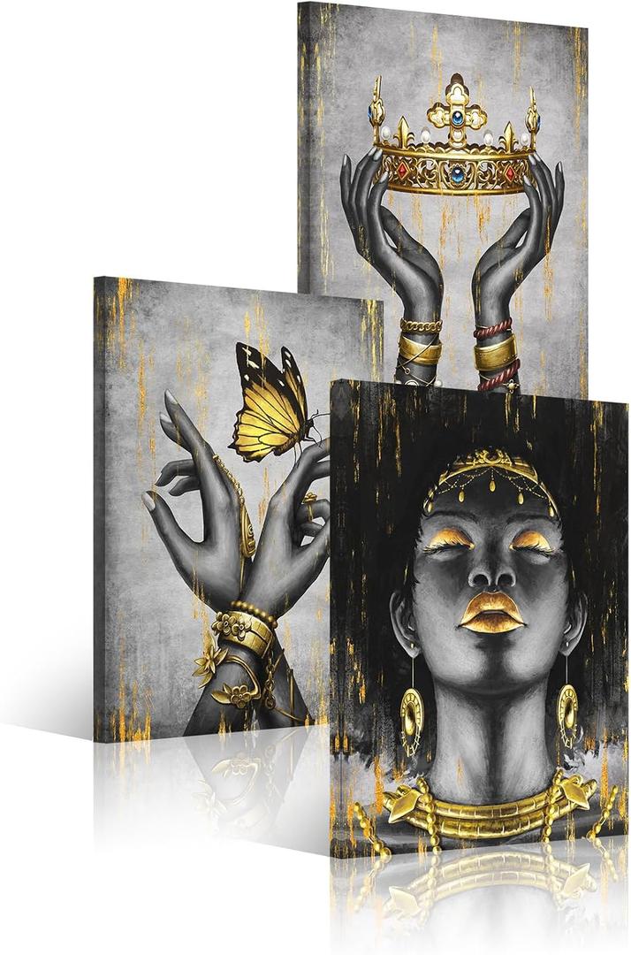WELMECO Elegant African American Woman with Gold Crown Fashion Accessories Painting Giclee Prints Black Girl Canvas Poster Gallery Wrapped Artwork for Bedroom Living Room Makeup Room Decoration, Large