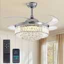 Modern 42 Inches Dimmable Fandelier Crystal Retractable Ceiling Fans with Light and Remote, Invisible LED Crystal Chandelier Fan for Bedroom-Polished Chrome