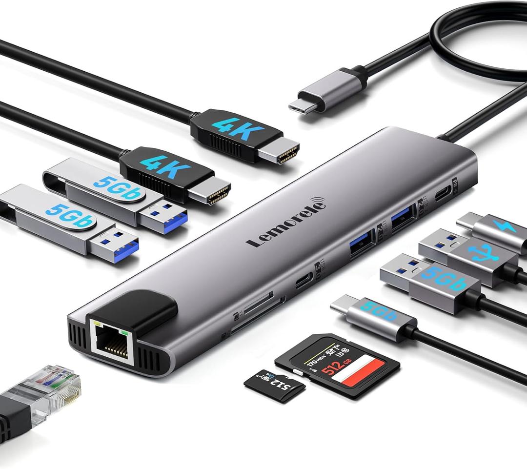 Aluminum Docking Station USB-C Hub with 2 HDMI, Gigabit Ethernet, 4 USB A, USB-C 3.0, PD 100W, SD/TF, 1000Mbps RJ45 LAN Dock Adapter for MacBook Docking Station Laptop, Supports 2 Monitor