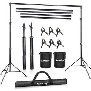 Aureday Backdrop Stand, 10x8.5ft Adjustable Photo Backdrop Stand for Parties, Heavy Duty Background Stand with Travel Bag, 6 Backdrop Clamps, 4 Crossbars, 2 Sandbags for Wedding/Decorations/Photoshoot