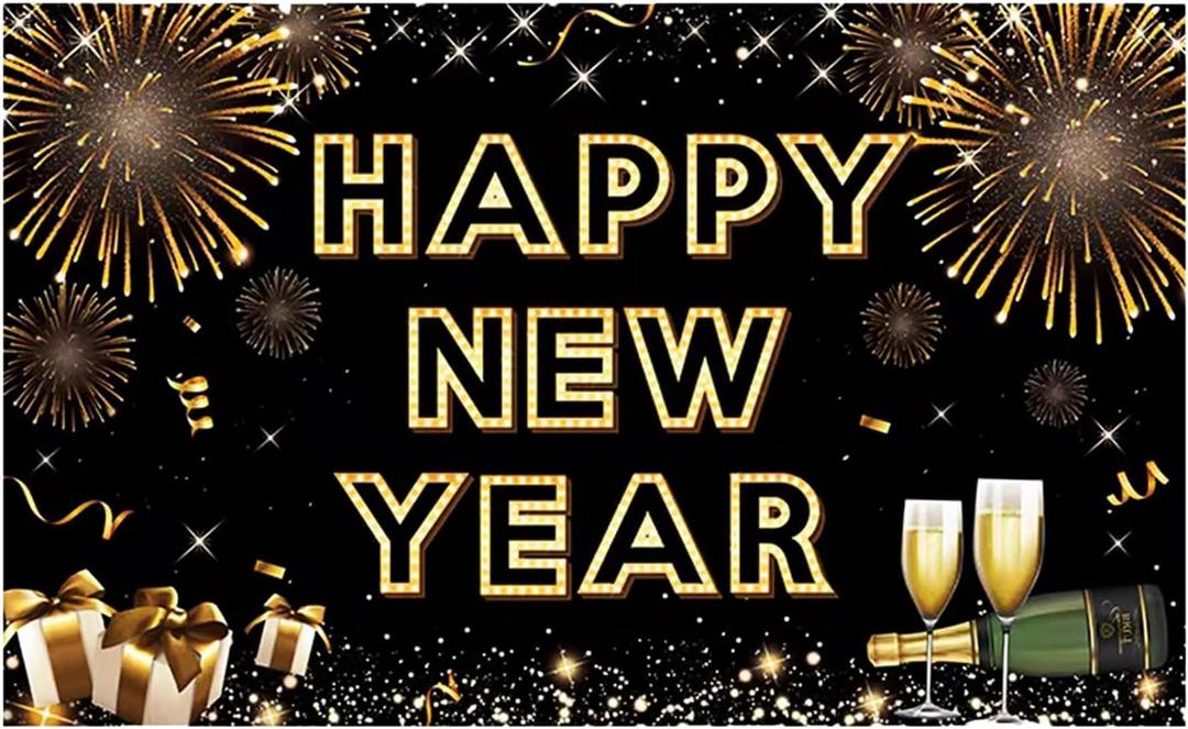 Happy New Year Banner for 2026 Party Decoration, Blackgold New Year Eve Banner Photo Backdrop Party Supplies (HAPPY NEW YEAR)