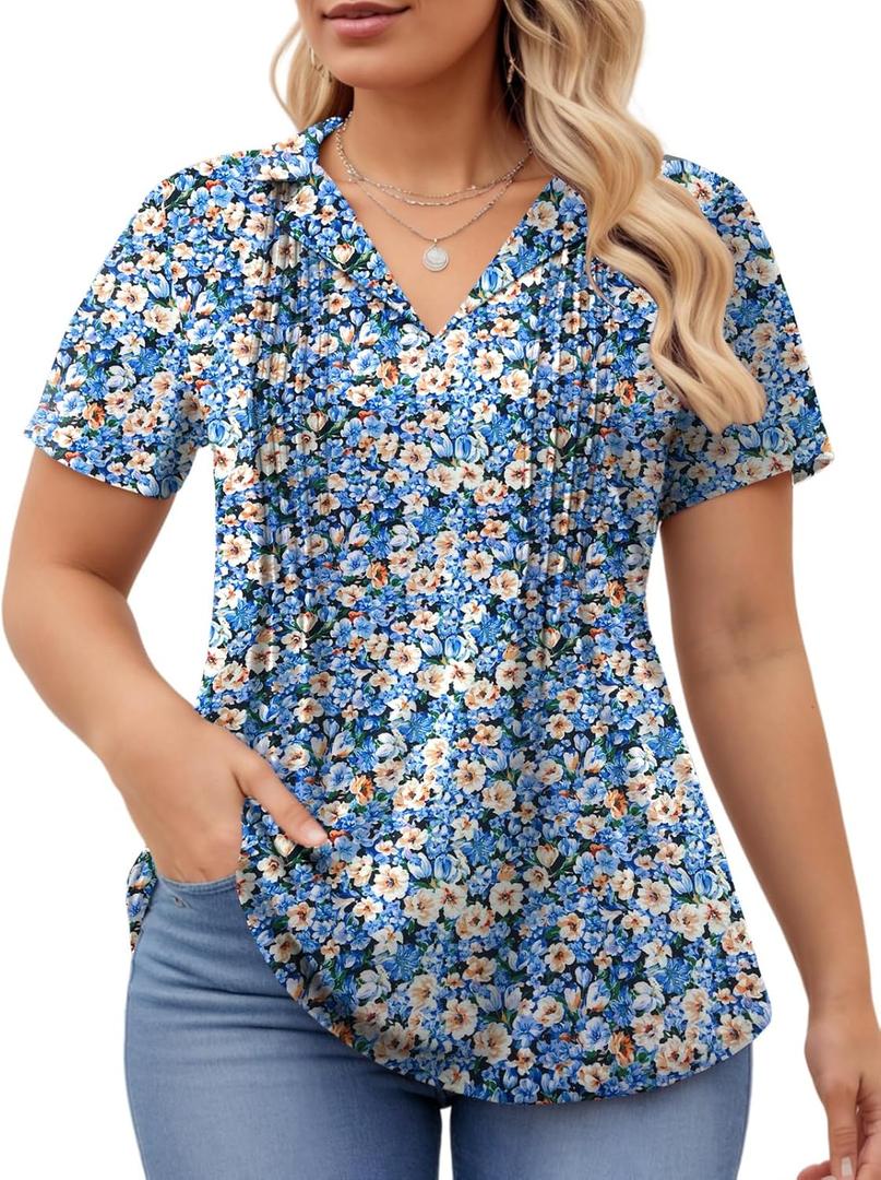 ROSRISS Plus-Size-Womens-Summer-Tops Casual Polo V Neck Work T Shirts Cute Flowy Pleated Blouses Trendy Short Sleeve Tunics (XXL)