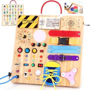 23-in-1 Montessori Busy Board with LED Lights Educational Wooden Activity Toy for Toddlers Ages 1-3, Travel Sensory Board with Switches Locks Music Box Fine Motor Skills Learning Toy for Boys Girls