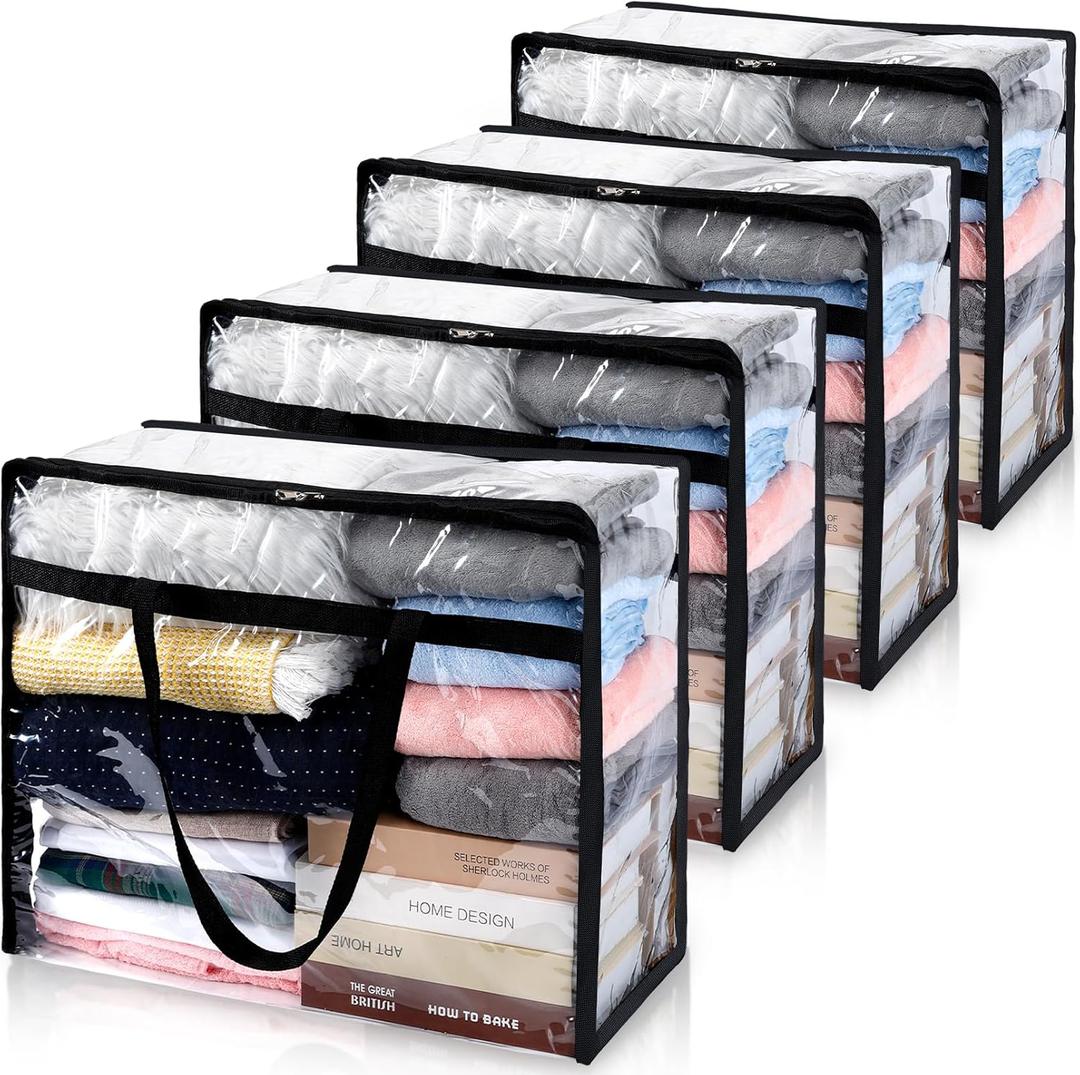 4 Pack Clear Blanket Storage Bags,60 L Large Plastic Vinyl Clothes Storage Bag,Clear Moving Bags with Zipper and Reinforced Handle,Closet Organizers for Bedding,Comforter,Duvet,Pillow