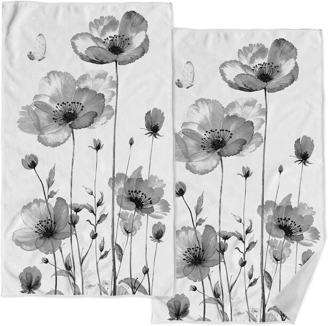 2 Pack Grey Floral Bathroom Hand Towels Decorative Black White Poppy Floral Dish Kitchen Towels 16x27 Inch Gray Butterfly Leaves Absorbent Soft Microfiber Bath Fingertip Towels Hotel Decor