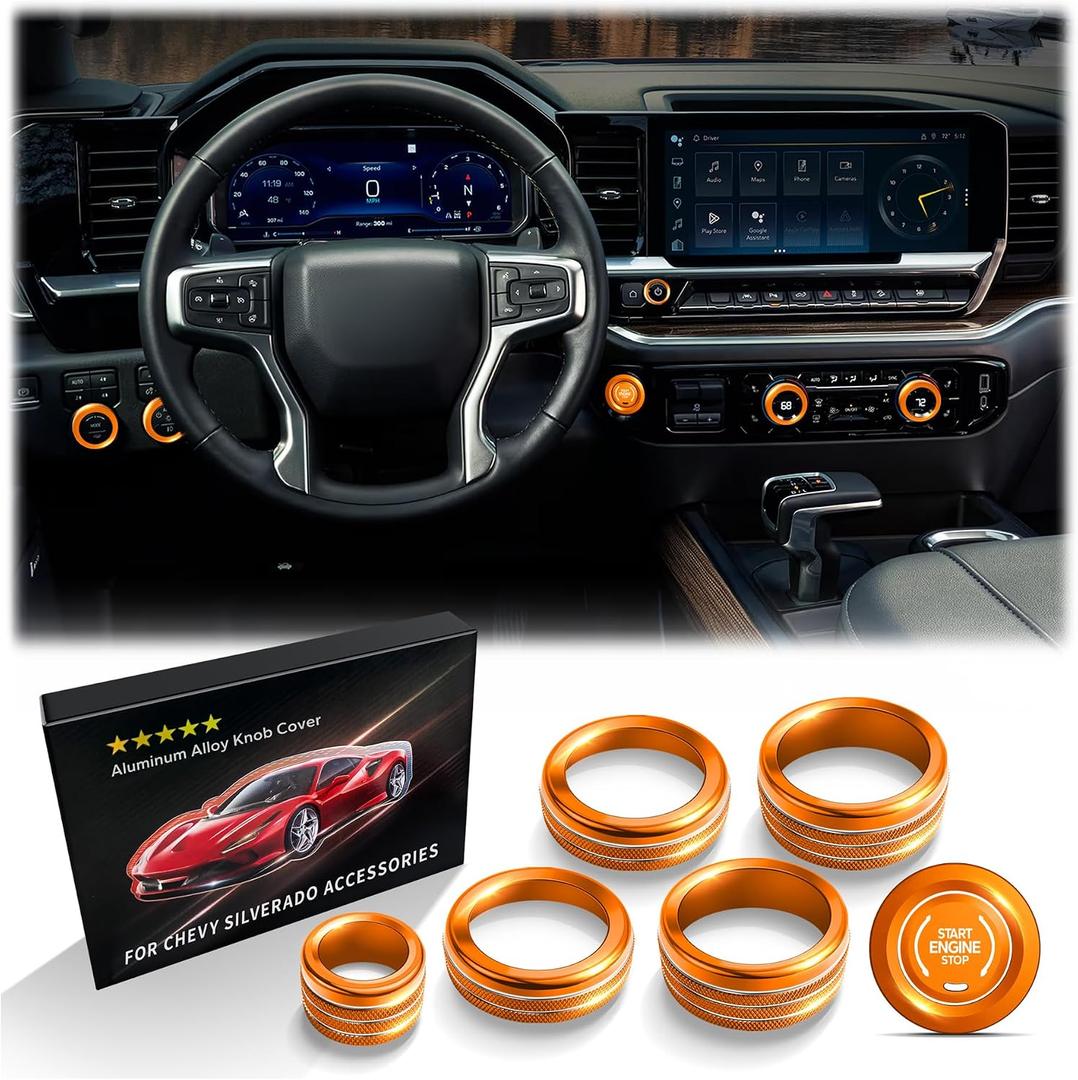 Polodunn for 2022-2025 2026 Chevy Silverado 1500 Accessories & 2024-2025 Chevrolet Silverado 2500HD/3500HD, 7pcs Aluminum Alloy Knob Cover Trim Kit (Orange) - Push Start, AC, Volume, Headlight & Mode